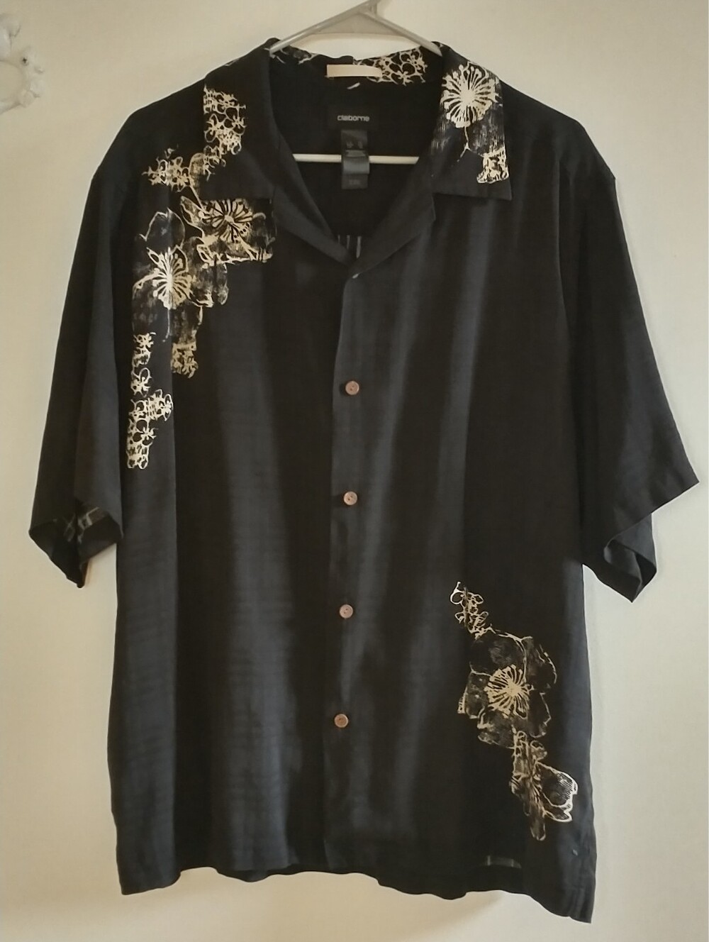 Claiborne Black Short-Sleeve Floral Men's Silk Button-Down Hawaiian Shirt XL